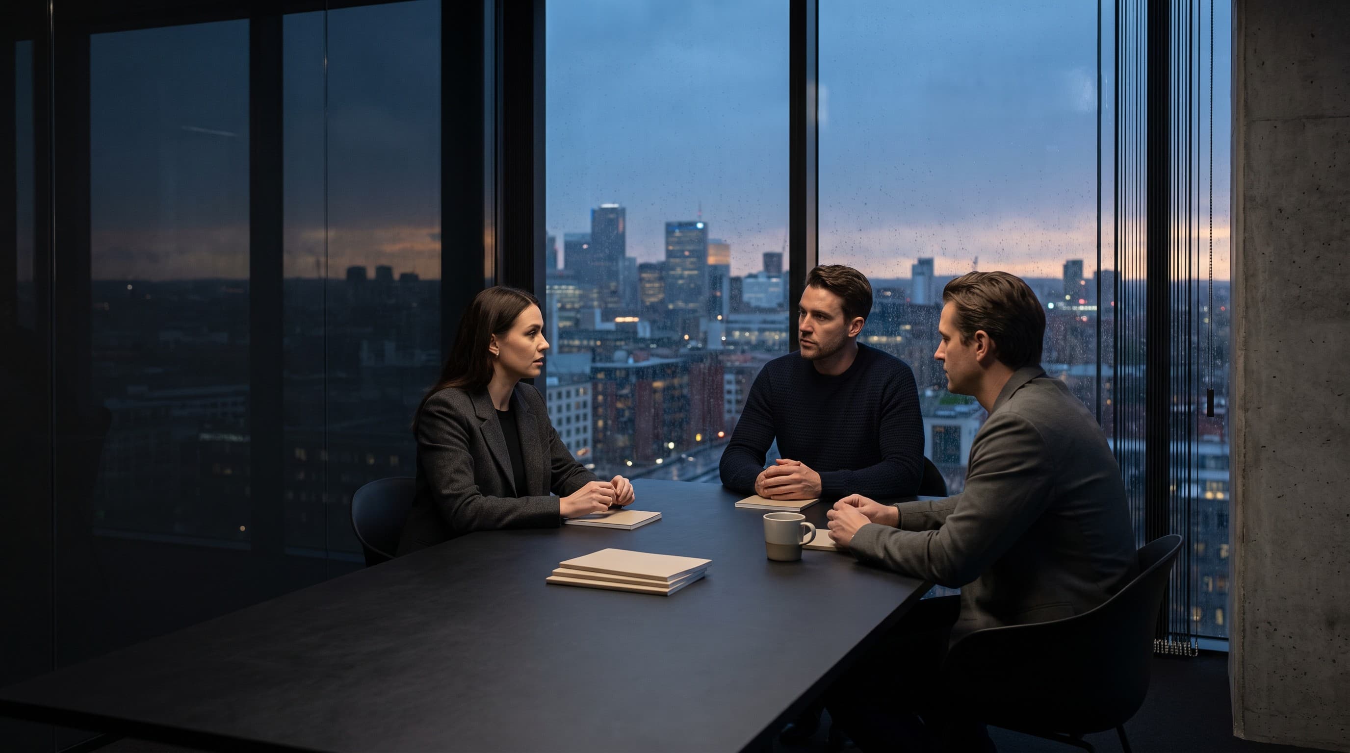 Colleagues in a quiet meeting room at dusk