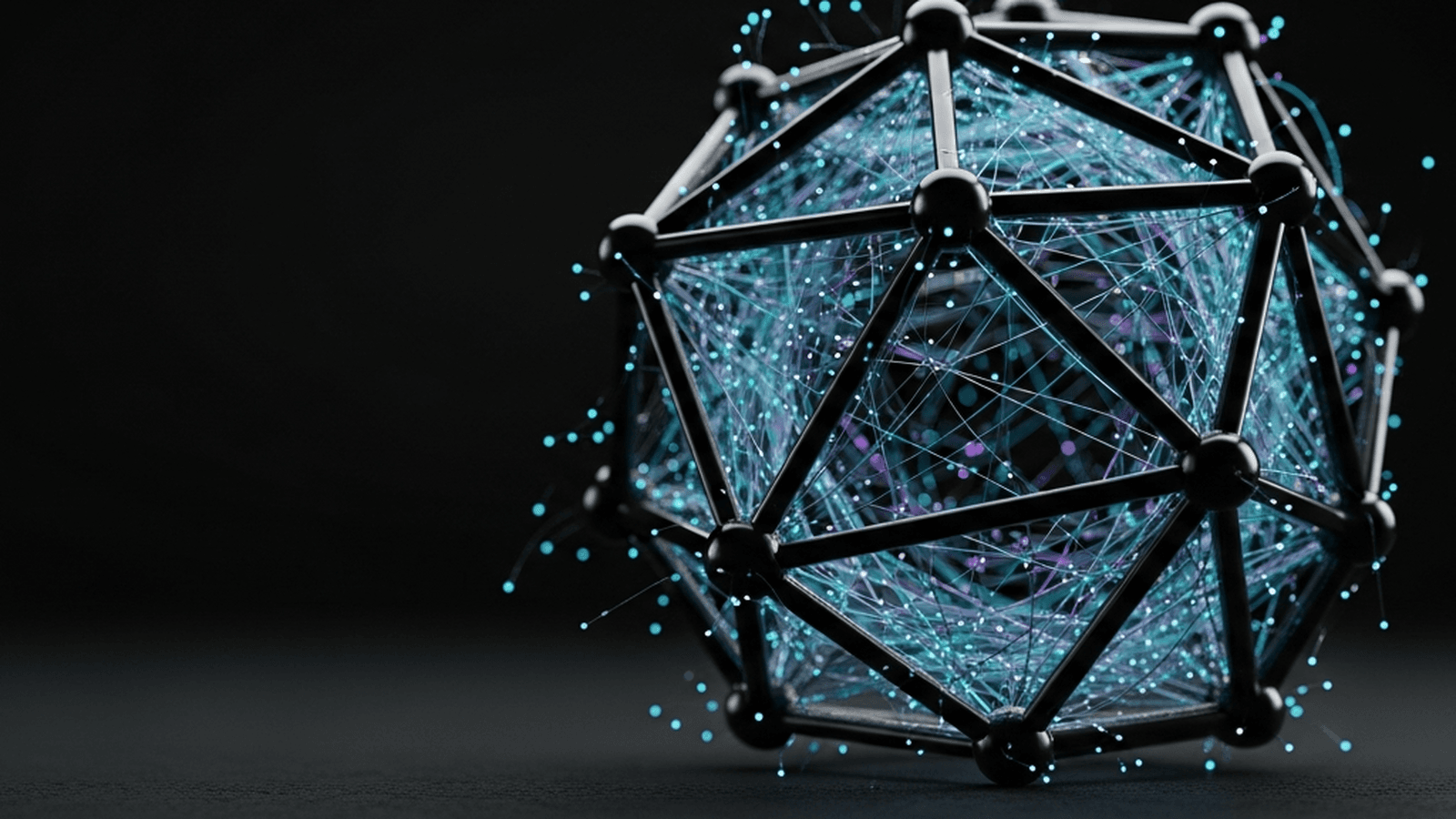 Abstract black-glass network sculpture with cyan and violet light